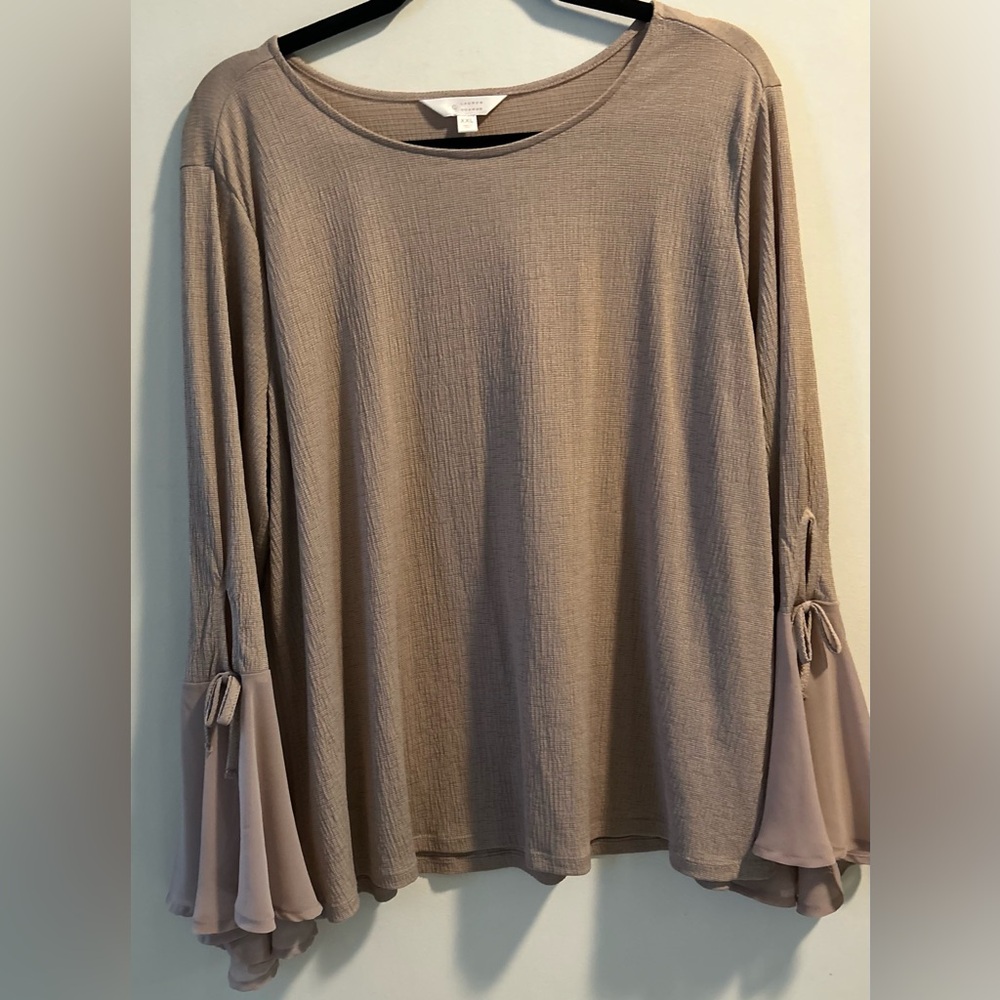 LC Lauren Conrad Blouse XXL Tan Chiffon Bell Sleeve Tie Boho Top